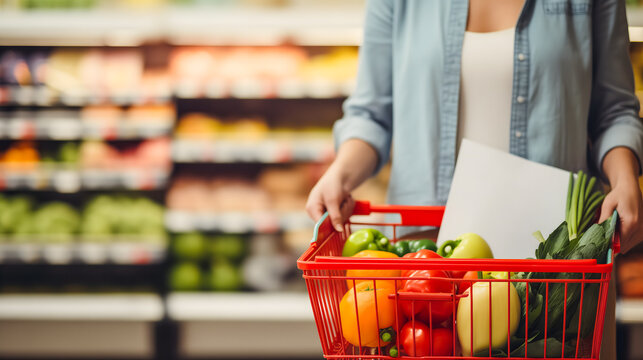 Gros plan sur un panier rempli de fruits et l&eacute;gumes dans un supermarch&eacute;.