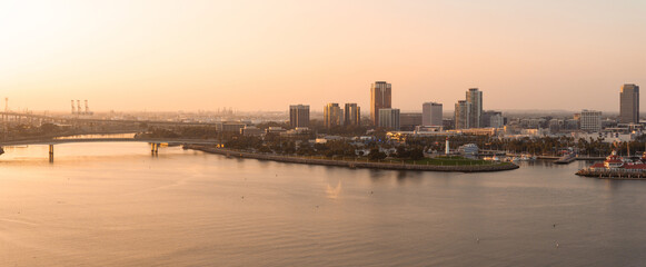 Aerial panoramic view of the Long Beach coastline, harbour, skyline and Marina in Long Beach with...