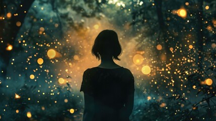silhouette of a person facing away, surrounded by the soft glow of fireflies in a magical forest at night generative ai