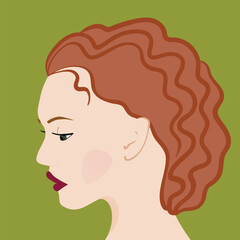 Portrait of a fashion woman. The head in profile of a European brunette woman. Face of girl. Flat design for for landing page, banner, social Media Avatar. Color vector illustration