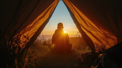person watching the sunrise from a tent, surrounded by the quiet beauty of nature generative ai