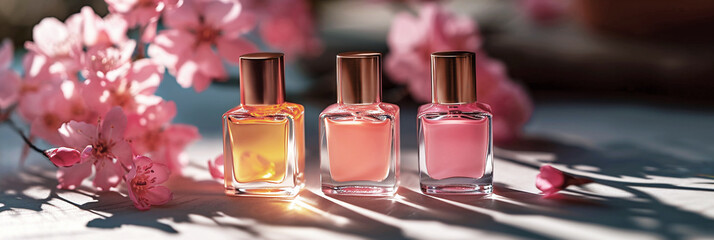 Three bottles of colorful nail polish in pink, peach and yellow with flowers on sunlit background.