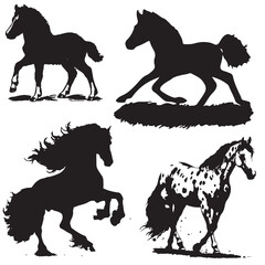 Black and white vector flat illustration: horse silhouette set ready to print