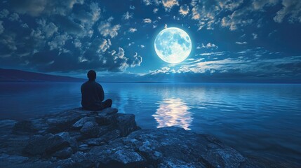 man sitting on a rocky shore, admiring the full moon reflecting on the calm waters of a lake generative ai - obrazy, fototapety, plakaty