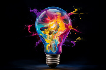 Explosion of Creativity Colorful Paint Splashes Around Lightbulb Concept Artistic Innovation and Ideas Bright Energy Artwork