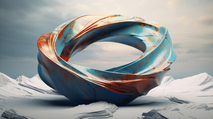 Eternal Winter Möbius Sculpture in Marbled Blue and Rust Abstract Geometric Form Amidst Snowy Peaks