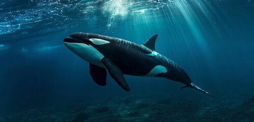 Obraz na płótnie Canvas Killer Orca whale gliding through sunlit deep blue sea.