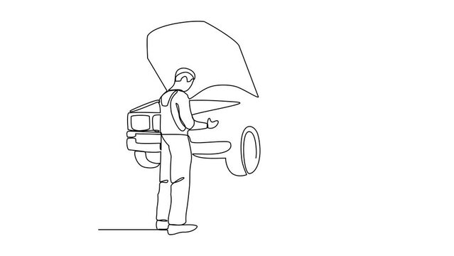 Animated self drawing of mechanics is repairing a damaged car in the workshop video illustration. Automotive workshop activity illustration in simple linear style video concept, for asset design also.
