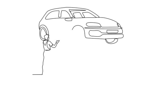 Animated self drawing of mechanics is repairing a damaged car in the workshop video illustration. Automotive workshop activity illustration in simple linear style video concept, for asset design also.