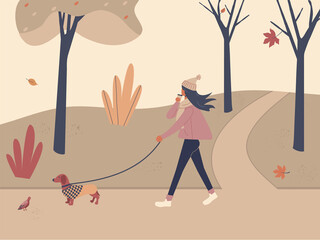Cute girl walking with dog dachshund in overalls in autumn city park or forest and having coffee. Fall soothing outdoors landscape: trees, leaves, bushes in funky figures style. Vector illustration