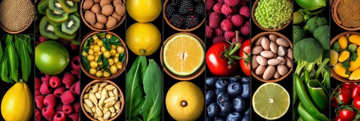 A mosaic of a variety of fruits, vegetables and legumes in an orderly manner. Concept: Healthy food for a diet menu. Vitamins and microelements. Banner
