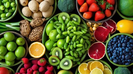 Fotobehang A mosaic of a variety of fruits, vegetables and legumes in an orderly manner. Concept: Healthy food for a diet menu. Vitamins and microelements. Banner  © Marynkka_muis