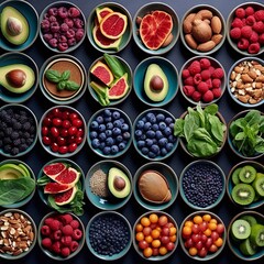 Geometrically arranged dishes with a variety of fruits, berries and nuts, creating a color scheme against a dark background. Concept: Healthy food for a diet menu. Vitamins and microelements

