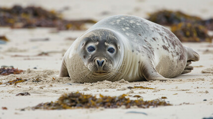 Comical Grey seal (Halichoerus grypus) pup on beach of Helgoland. Generative Ai