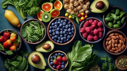 A variety of bright and fresh fruits, berries and nuts, neatly distributed in wooden bowls on a green background. Concept: Healthy food for a diet menu. Vitamins and microelements
