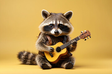 raccoon playing guitar on yellow background - obrazy, fototapety, plakaty
