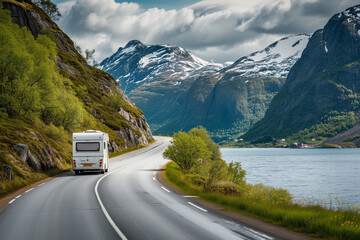 RV Camper Van on the Scenic Norwegian Mountain Road - obrazy, fototapety, plakaty