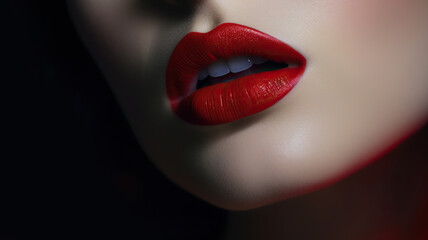 Obraz premium Beautiful female lips with red lipstick. Close-up portrait of a beautiful young woman with red lips. Beauty woman with smooth skin and natural lip created on white background. Charming model .