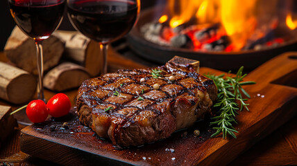 delicious beef meat steak in a restaurant with a glass of wine for dinner