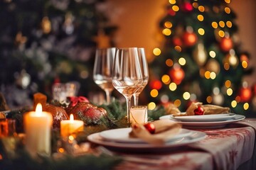 Obraz na płótnie Canvas Christmas table setting with cutlery, christmas tree and decorations