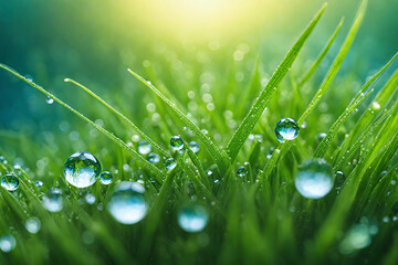 Hyper macro grass. Green nature background. Water dew.