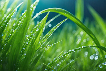 Fototapeta na wymiar Hyper macro grass. Green nature background. Water dew.