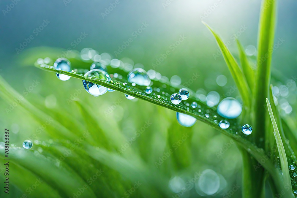 Wall mural hyper macro grass. green nature background. water dew.