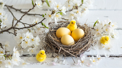 Golden, yellow, white eggs in a bird's nest, cherry blossom branches. Generative Ai