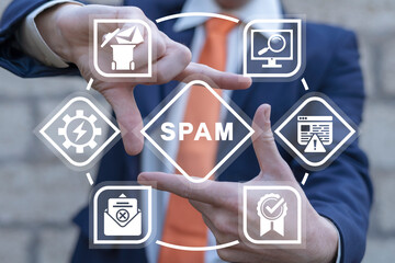 Man using virtual touchscreen sees word: SPAM. Spam email internet security concept. Spam, junk and e-marketing. Protection against spam in mail.