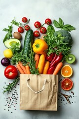 Presenting a paper bag brimming with fresh fruit and vegetables