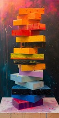 Abstract wooden blocks painted in vibrant colors stacked unevenly against a splattered background.