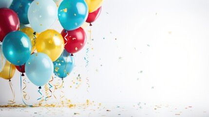 Colorful balloons and confetti for a celebration on a white background. banner. copy space