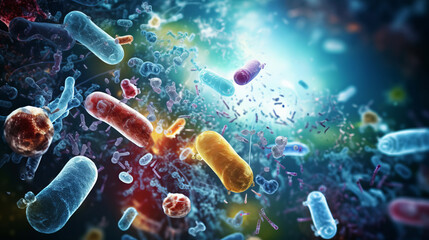 Probiotics and bacteria. 3D illustration of gram-negative rod-shaped bacteria. Biology and microscopic medicine. Healthy eating and digestion, E. coli, treatment, medications. Abstract background.