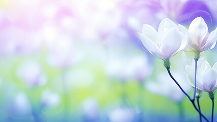 Serene Elegance: Softly Lit White Magnolias with Gentle Bokeh Background, Horizontal Poster or Sign with Open Empty Copy Space for Text 
