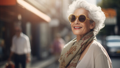 Obraz premium A happy elegant elderly woman in sunglasses walking outside