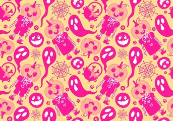 Cartoon Halloween seamless pumpkins and monsters and ghost pattern for wrapping paper and fabrics and linens