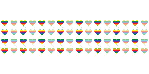 Flying cute heart shaped air balloons with strings in rainbow colours. Geometric seamless vector pattern Border for Valentine, birthday and wedding greeting cards and stationery.