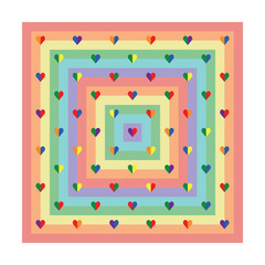 Playful vector abstract pattern with little hearts on stripes in bright and pastel rainbow colours. Decorative geometric grid texture for Valentine postcards, prints and themed stationery.