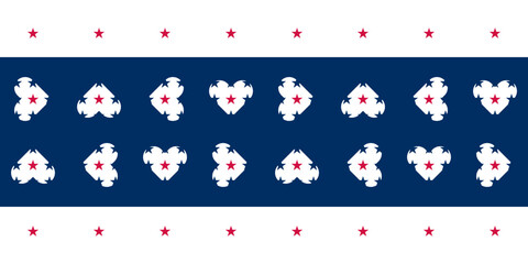 White hearts with blue and red stars seamless vector pattern Border. US flag symbols and colours suitable for posters, postcards, web banners and frames.