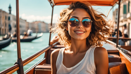 A girl in sunglasses and a sundress rides a gondola in Venice - obrazy, fototapety, plakaty