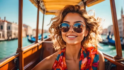 Poster A girl in sunglasses and a sundress rides a gondola in Venice travel © tanya78