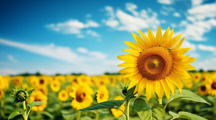 Fototapeta premium Sunflower field in summer sky blurred background