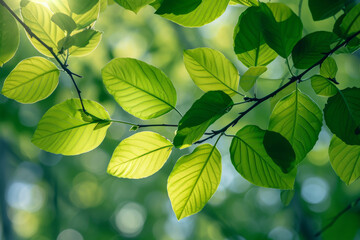 Fototapeta na wymiar Close up shot of green leaves on a branch. Plants leaves using as spring background. Generative AI
