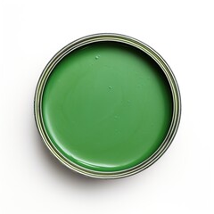 Green paint can isolated on white background. Top view. Flat lay. Open round jar with light green paint. Perfect paint texture, uniform color. Template for the palette.