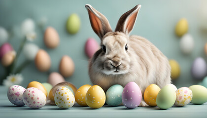Fototapeta na wymiar Easter rabbit with painted eggs on clean background. Easter holiday concept.