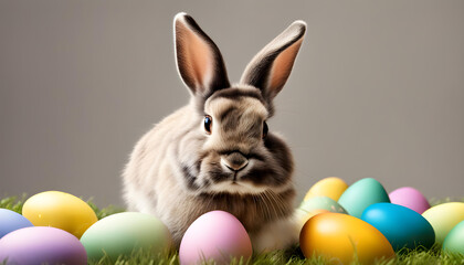 Easter rabbit with painted eggs on clean background. Easter holiday concept.
