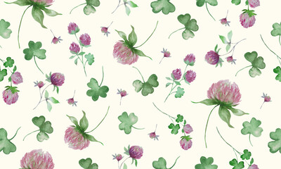 Seamless watercolor pattern with clover. Hand drawn floral illustration isolated on pastel background.