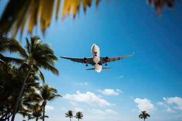Fototapeta na wymiar In the tropical skies, an airplane soars towards a paradise destination, capturing the essence of travel and relaxation.
