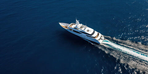 A luxurious yacht navigates the blue waters, epitomizing vacation, wealth, and nautical leisure in a coastal paradise.