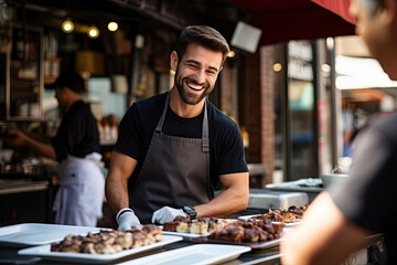 A cheerful chef in an apron prepares a delightful barbecue meal outdoors, showcasing the joy of...